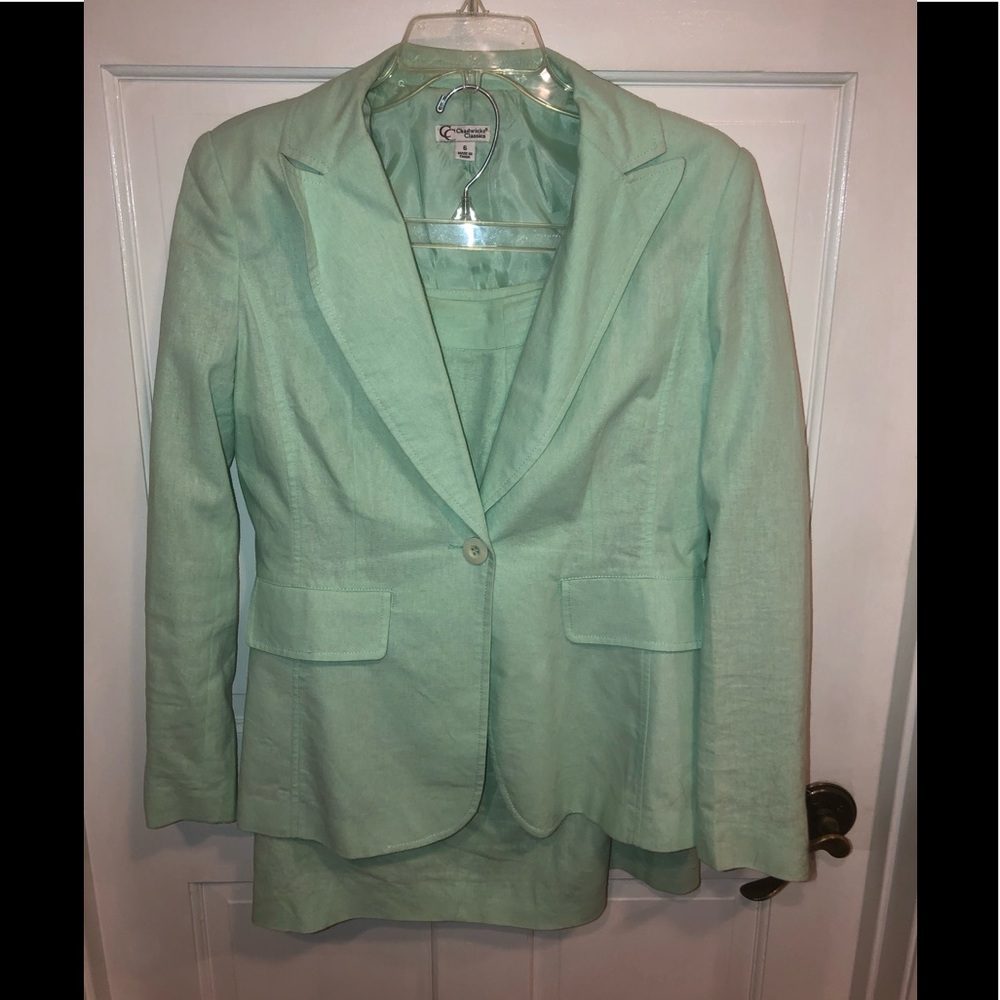 Chadwicks linen skirt suit in pale green.